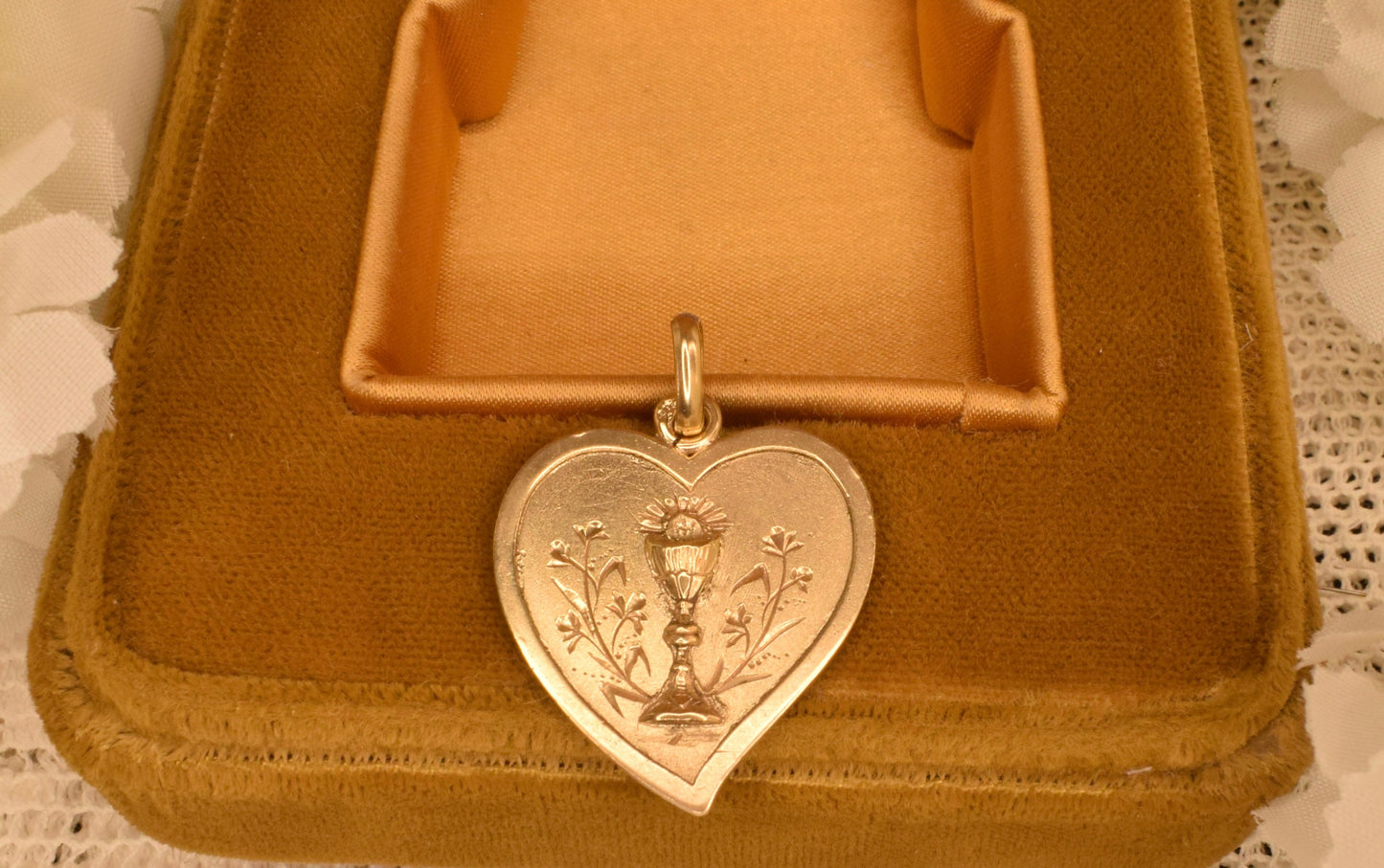 Antique French Heart Religious Medal, Vermeil Gold-Plated Solid Silver, Chalice Host Flowers Engraved 1898, First Communion Jewelry