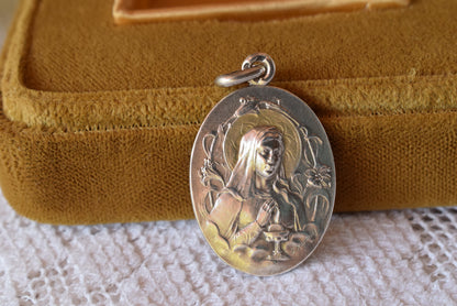 Antique French Silver Communion Medal Signed F. Rasumny Art Nouveau 1900s Religious Pendant Solid Silver 800 Rare Collectible