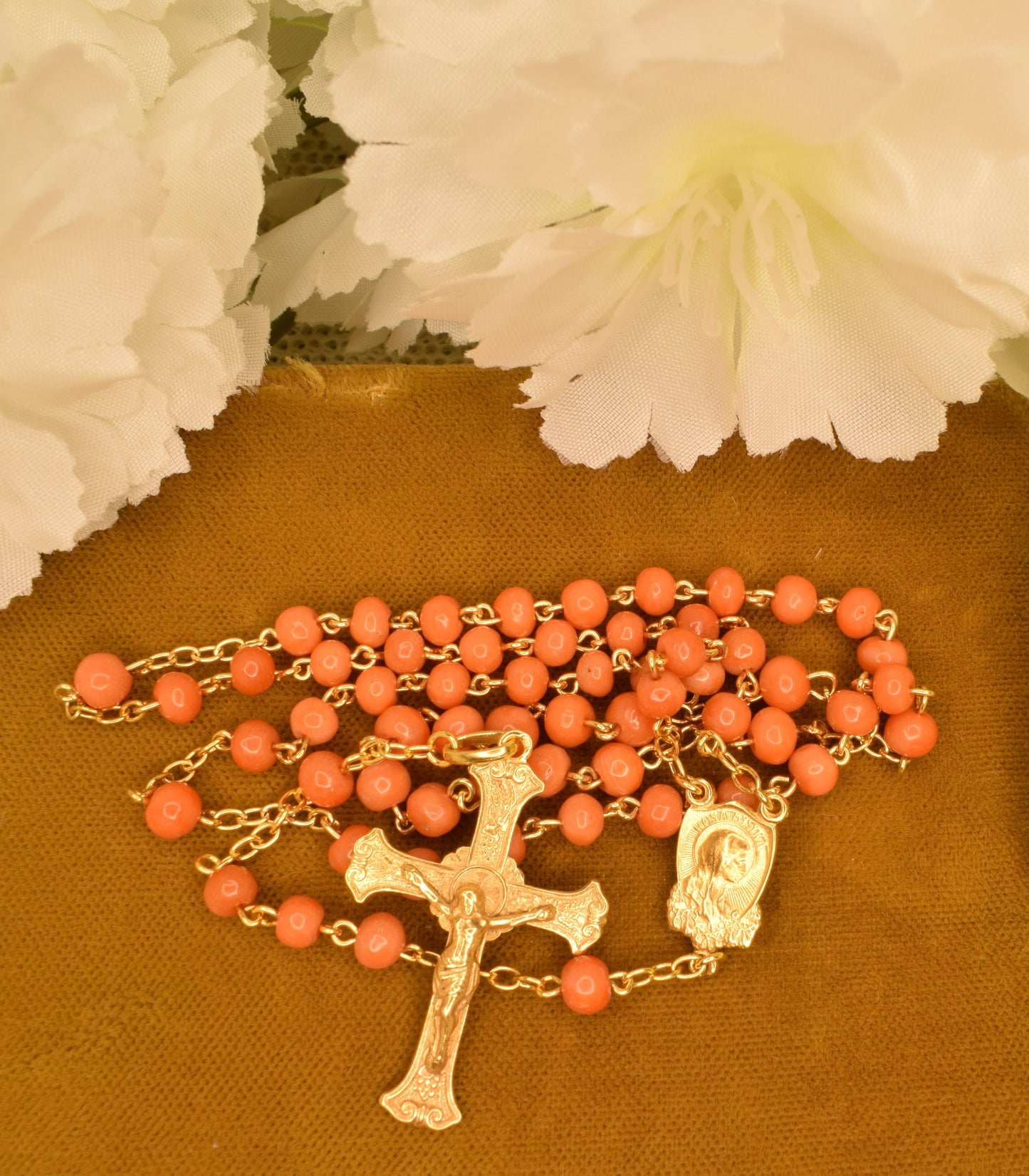 Antique Silver Vermeil Rosary Hallmarked Coral Beads - 19th Century French Religious Chapelet with Cross and Marian Medal - Antique Devotional Jewelry