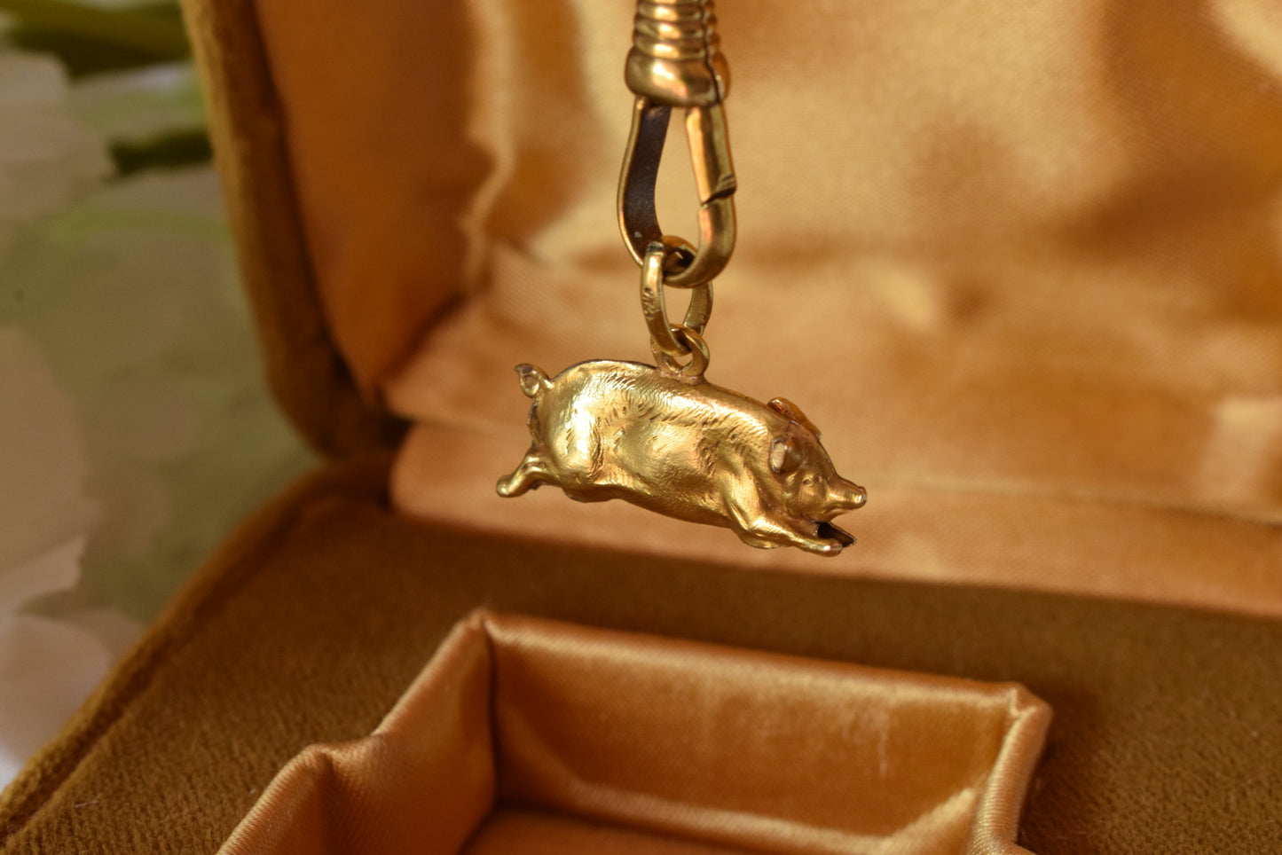 Antique 18K Gold Plated Pig Charm, Signed Oria, French Rolled Gold Fob Pendant, Belle Époque Charm Bracelet Jewelry