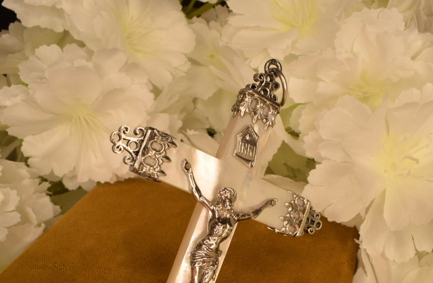 Large Antique Mother of Pearl & Solid Silver Cross Pendant, 19th Century Hallmarked French Crucifix