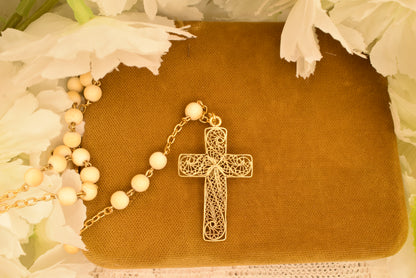 Antique 19th Century Silver Gilt Rosary, Filigree Cross & Heart, 5mm Beads, Religious Vermeil Jewelry