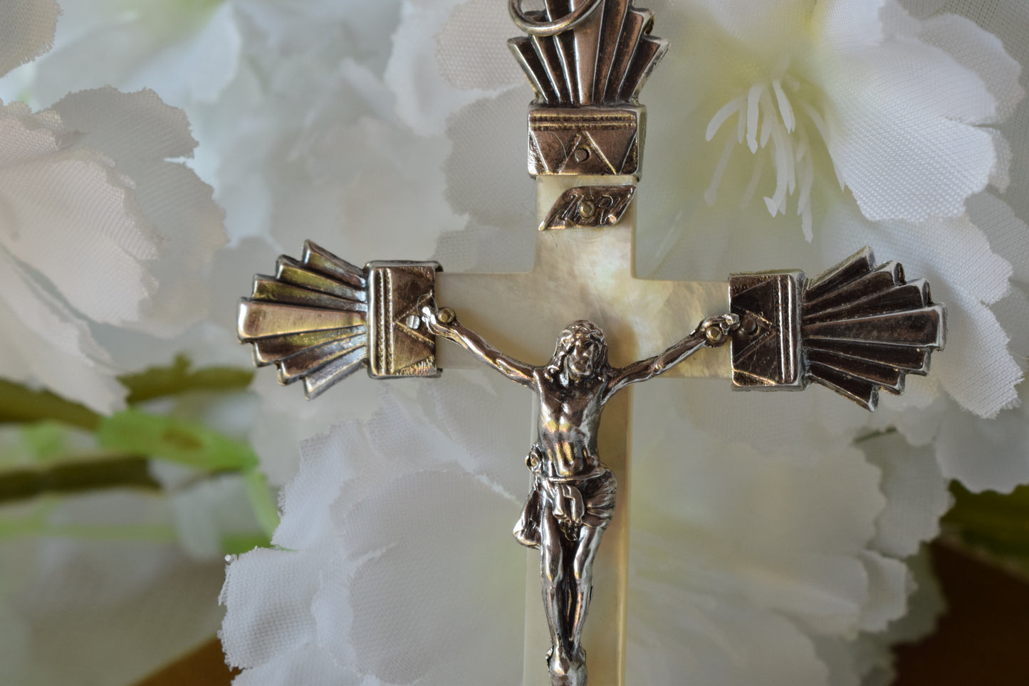 Antique French Sterling Silver Crucifix Pendant, Art Deco Cross with Mother of Pearl & Charançon Hallmark, Vintage Religious Jewelry