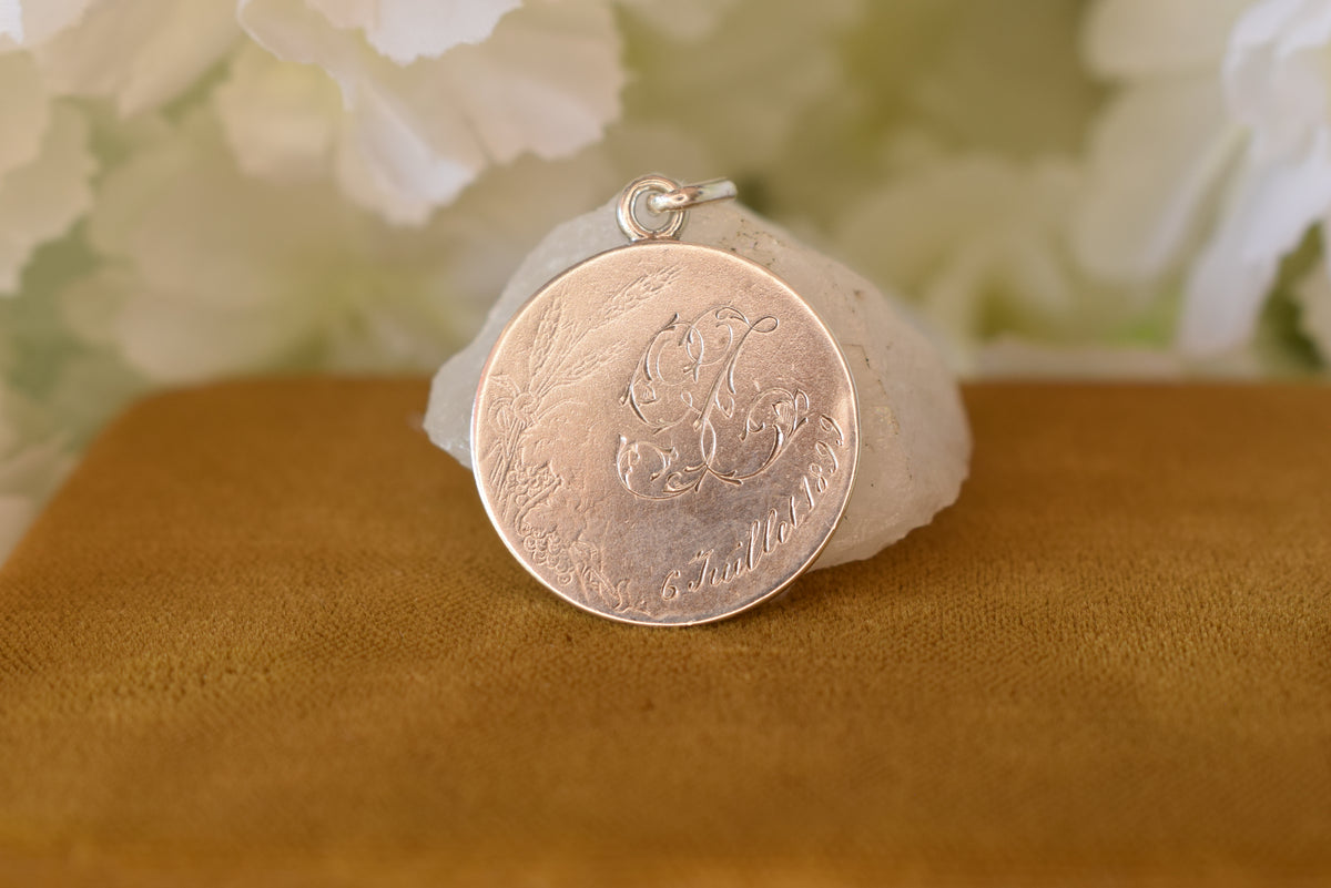 Antique French Silver Medal Praying Virgin Mary 1899 – Signed H. Dubois – Religious Pendant