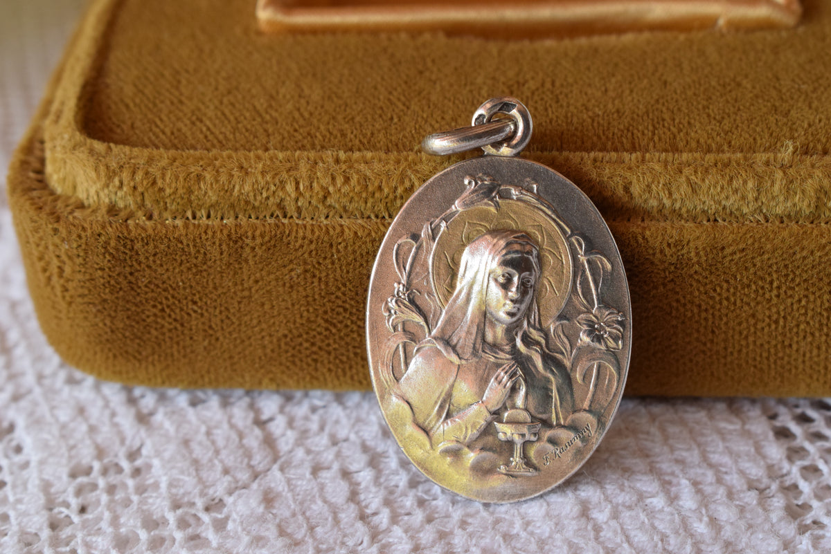 Antique French Silver Communion Medal Signed F. Rasumny Art Nouveau 1900s Religious Pendant Solid Silver 800 Rare Collectible