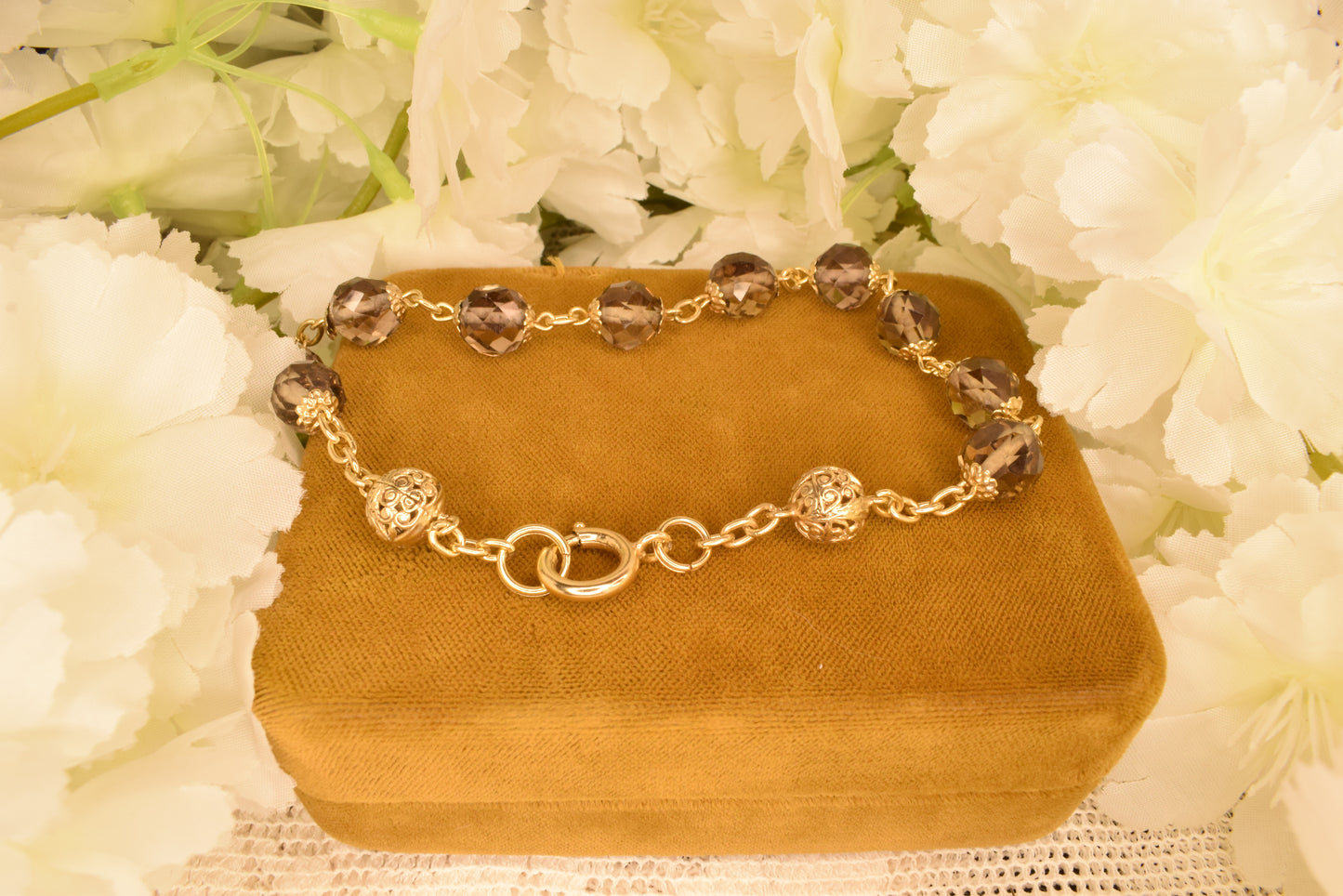 Antique 19th Century Silver Gilt Faceted Crystal Rosary Decade - French Vermeil Devotional Bracelet - Hallmarked Silver