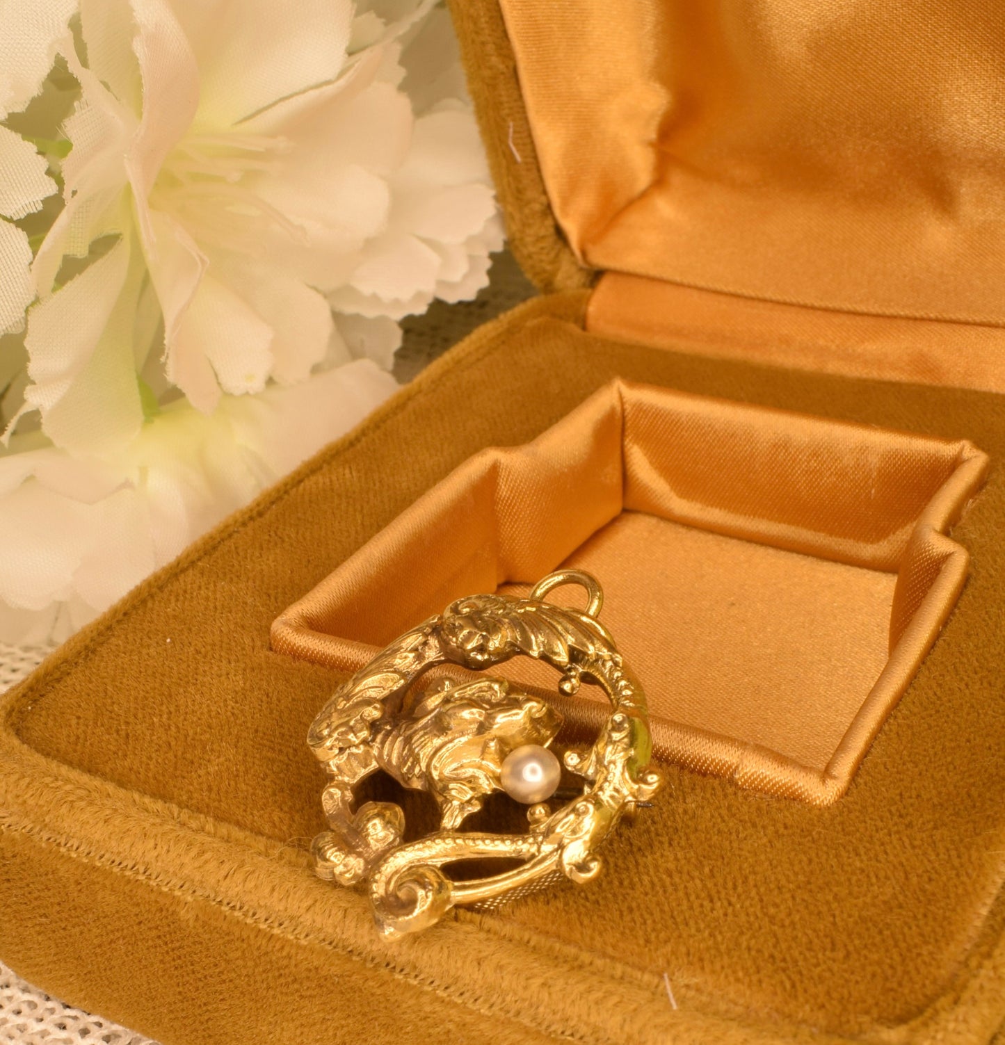 Antique Chimera Brooch Pendant, 24K Gold Plated, Pearl, Art Nouveau Style Vintage Jewelry