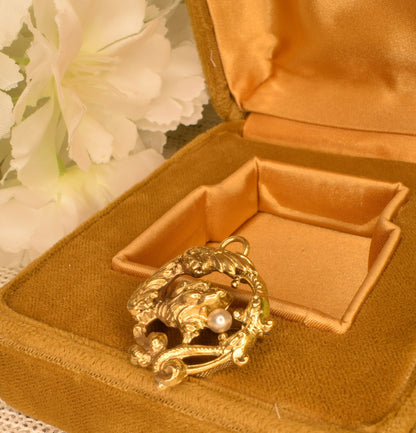 Antique Chimera Brooch Pendant, 24K Gold Plated, Pearl, Art Nouveau Style Vintage Jewelry