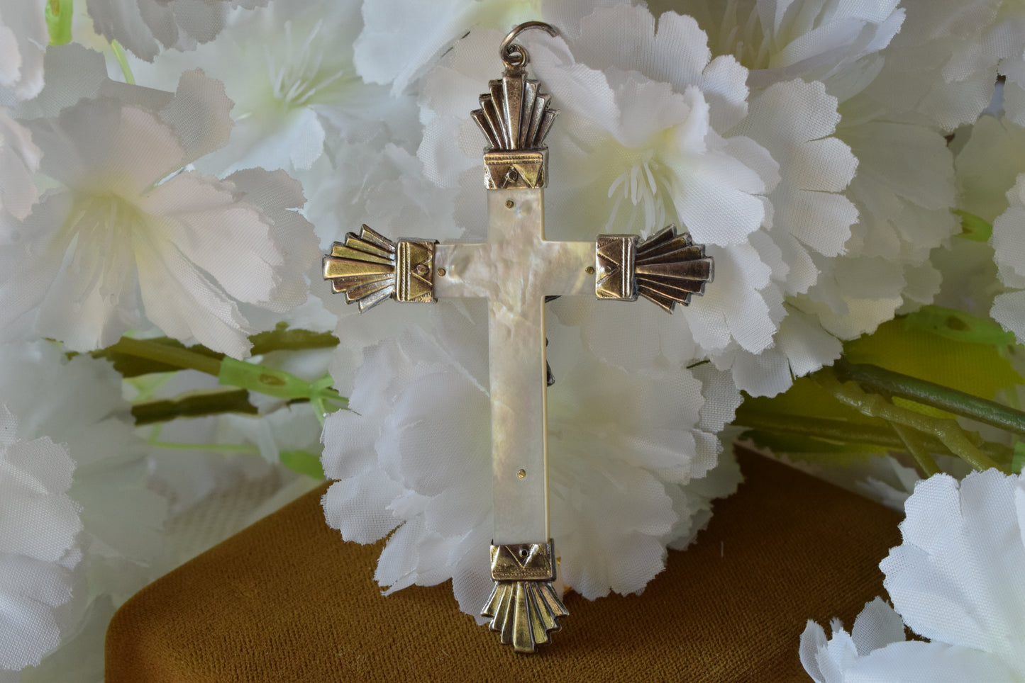 Antique French Sterling Silver Crucifix Pendant, Art Deco Cross with Mother of Pearl & Charançon Hallmark, Vintage Religious Jewelry