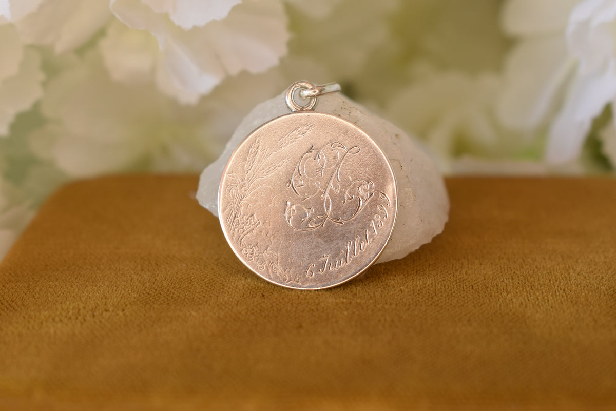 Antique French Silver Medal Praying Virgin Mary 1899 – Signed H. Dubois – Religious Pendant