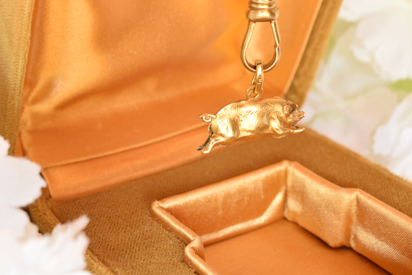 Antique 18K Gold Plated Pig Charm, Signed Oria, French Rolled Gold Fob Pendant, Belle Époque Charm Bracelet Jewelry