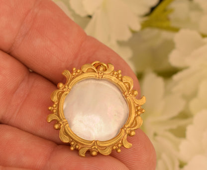 Antique ORIA Gold Filled Photo Locket – Mother of Pearl & Domed Glass – Signed French Keepsake Pendant