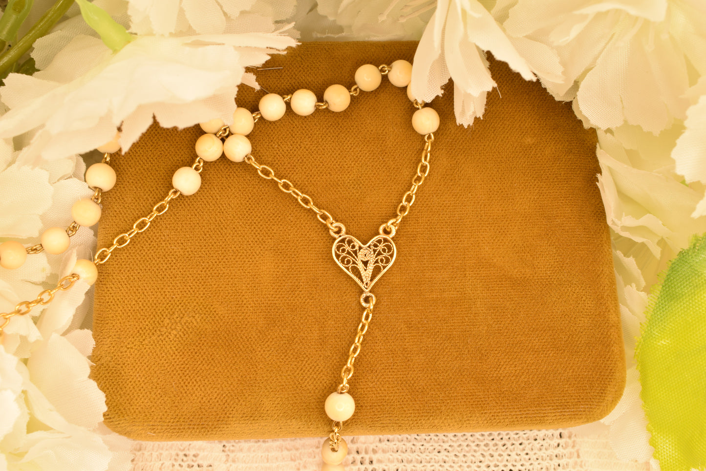 Antique 19th Century Silver Gilt Rosary, Filigree Cross & Heart, 5mm Beads, Religious Vermeil Jewelry