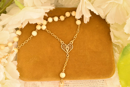 Antique 19th Century Silver Gilt Rosary, Filigree Cross & Heart, 5mm Beads, Religious Vermeil Jewelry