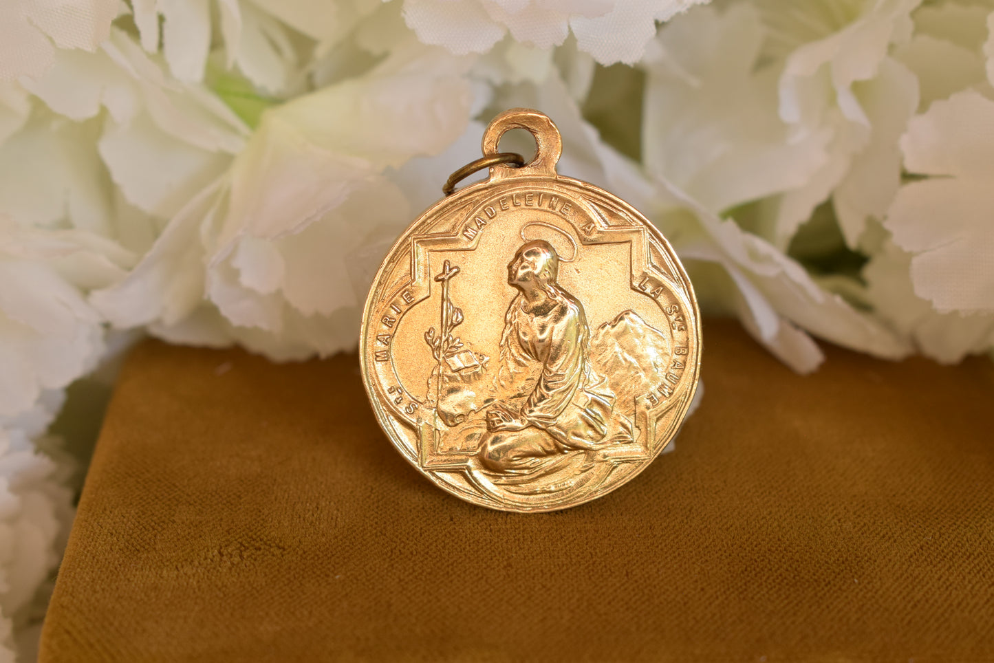 Antique Religious Medal Saint Mary Magdalene Sainte-Baume 19th Century Gilt Bronze Pilgrimage Pendant Provence