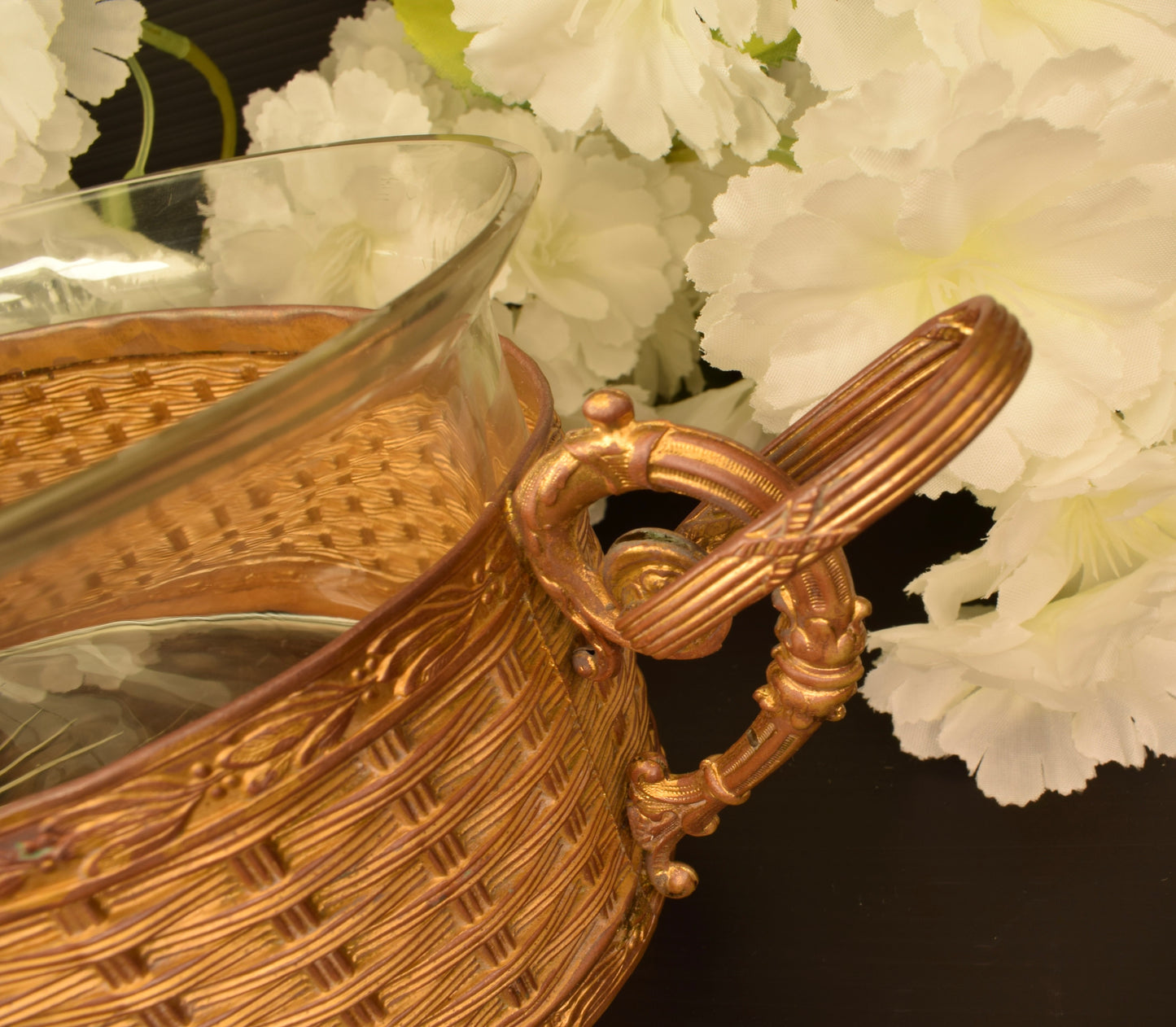 Antique Gilt Bronze Jardiniere Woven Basket Cut Glass Liner Napoleon III French Centerpiece Bowl 19th Century