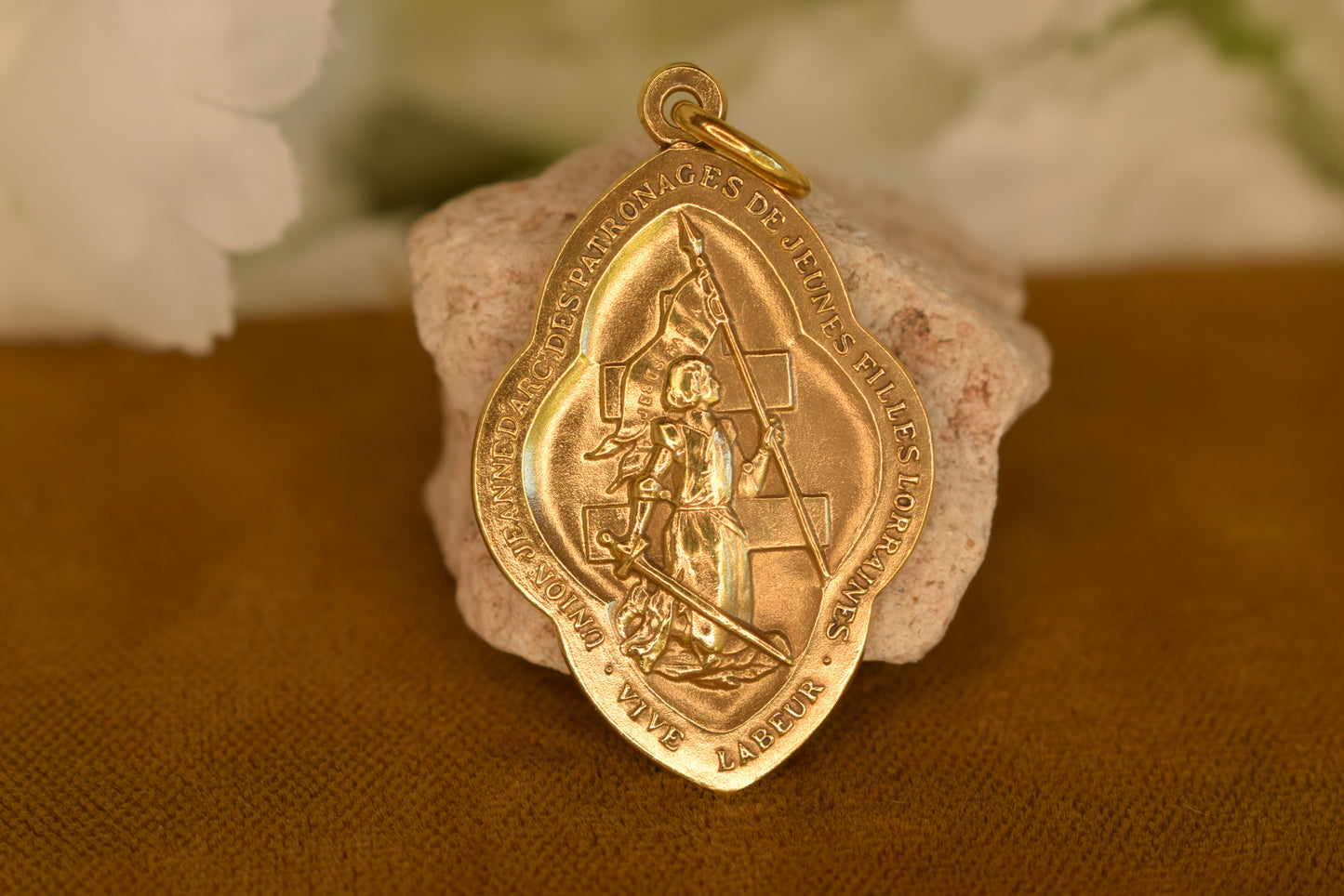 Rare Antique Joan of Arc Medal Mellerio dits Meller Gold-Plated Brass Pendant Youth Association Lorraine France Early 20th Century