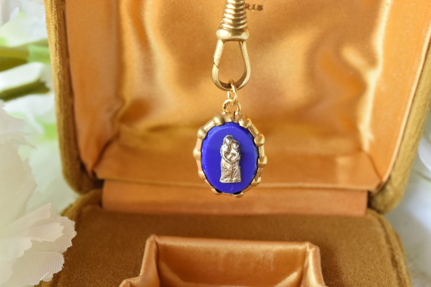 Antique French Silver Vermeil Lourdes Medallion - Blue Glass Silver Cross - 19th Century Religious Pilgrimage Medal