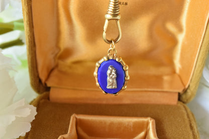 Antique French Silver Vermeil Lourdes Medallion - Blue Glass Silver Cross - 19th Century Religious Pilgrimage Medal