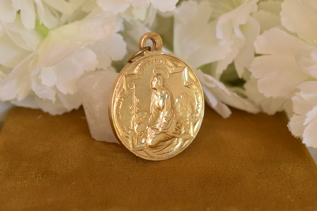 Antique Religious Medal Saint Mary Magdalene Sainte-Baume 19th Century Gilt Bronze Pilgrimage Pendant Provence