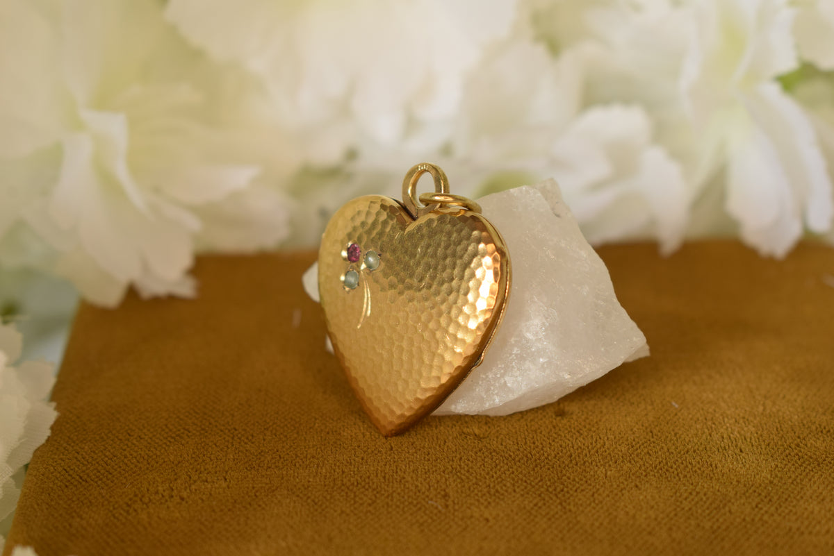 Antique French ORIA Gold Filled Heart Locket – Photo Locket – Clover Motif – Vintage Pendant