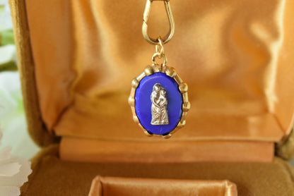 Antique French Silver Vermeil Lourdes Medallion - Blue Glass Silver Cross - 19th Century Religious Pilgrimage Medal