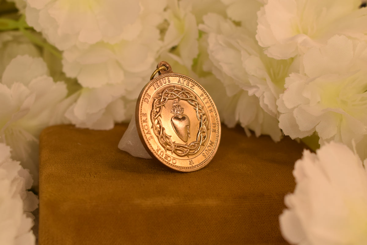 Antique 19th Century French Sacred Heart of Jesus Medal – Bronze – Signed Pénin-Poncet