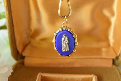 Antique French Silver Vermeil Lourdes Medallion - Blue Glass Silver Cross - 19th Century Religious Pilgrimage Medal