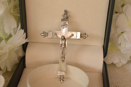 Antique Mother of Pearl Solid Silver Crucifix – Hallmarked Cross – 4 Fleur de Lis – French Religious Pendant