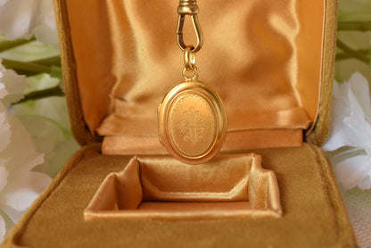 Antique Victorian Oval Locket, 24k Gold Plated, Engraved Cross Pendant, Photo Locket with Removable Glass, 1880s Keepsake