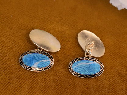 Antique Deakin & Francis Cufflinks, Sterling Silver Blue Guilloché Enamel, Birmingham England, Art Deco Cuff Links