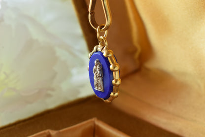 Antique French Silver Vermeil Lourdes Medallion - Blue Glass Silver Cross - 19th Century Religious Pilgrimage Medal