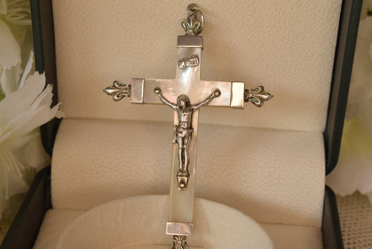 Antique Mother of Pearl Solid Silver Crucifix – Hallmarked Cross – 4 Fleur de Lis – French Religious Pendant