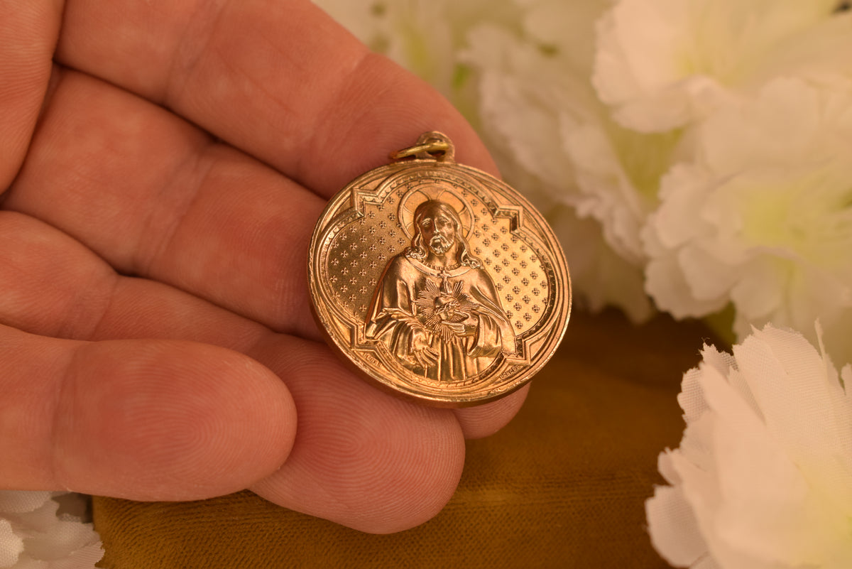 Antique 19th Century French Sacred Heart of Jesus Medal – Bronze – Signed Pénin-Poncet