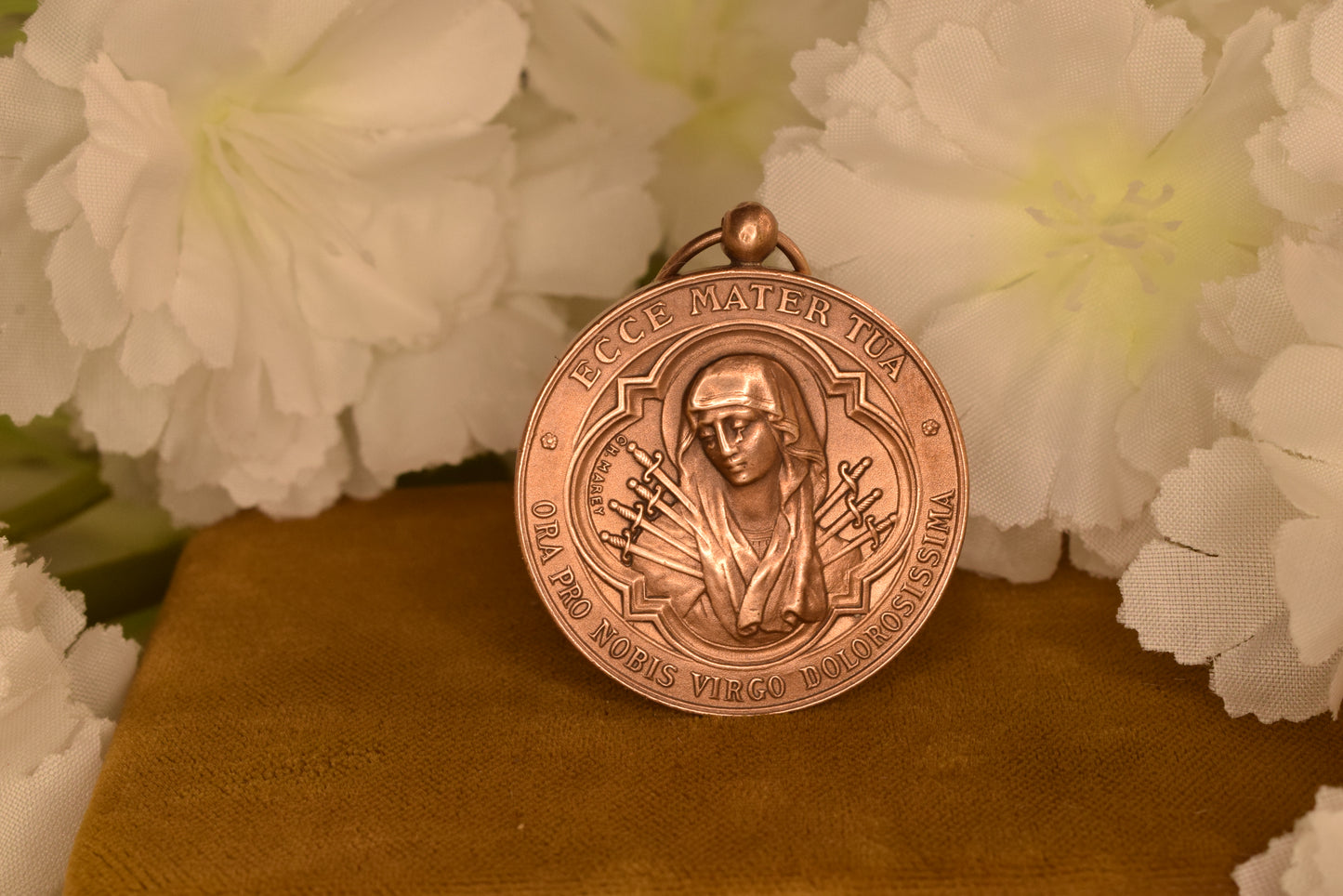 Antique French Bronze Religious Medal - Our Lady of Sorrows - Enfants de Marie Institut Normal - Signed H. Marey