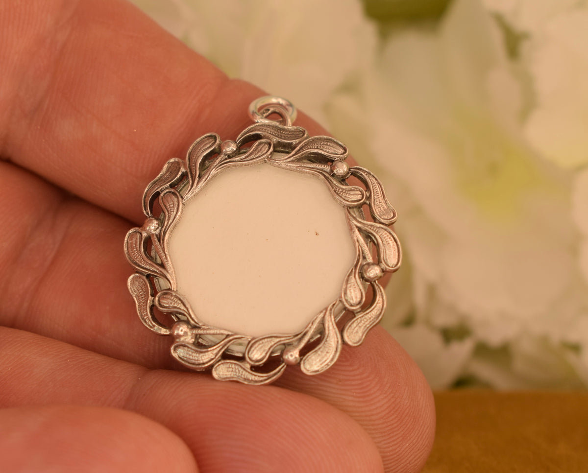 Antique Art Nouveau Solid Silver Photo Locket – Mistletoe Pendant – French Jewelry – Circa 1900