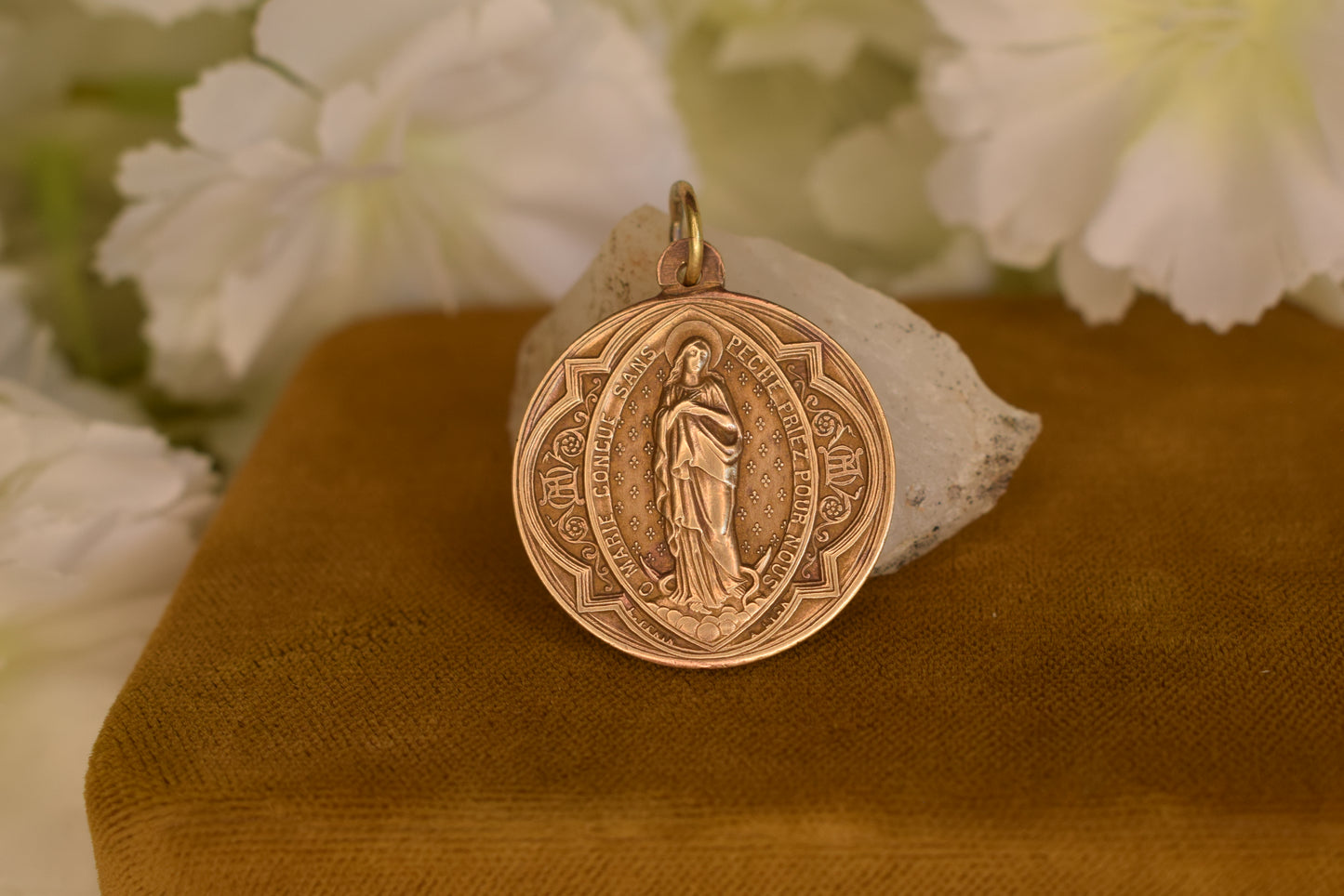Antique Bronze Gold-Plated Medal Signed L. Penin Miraculous Virgin Mary Saint Anthony of Padua 19th Century