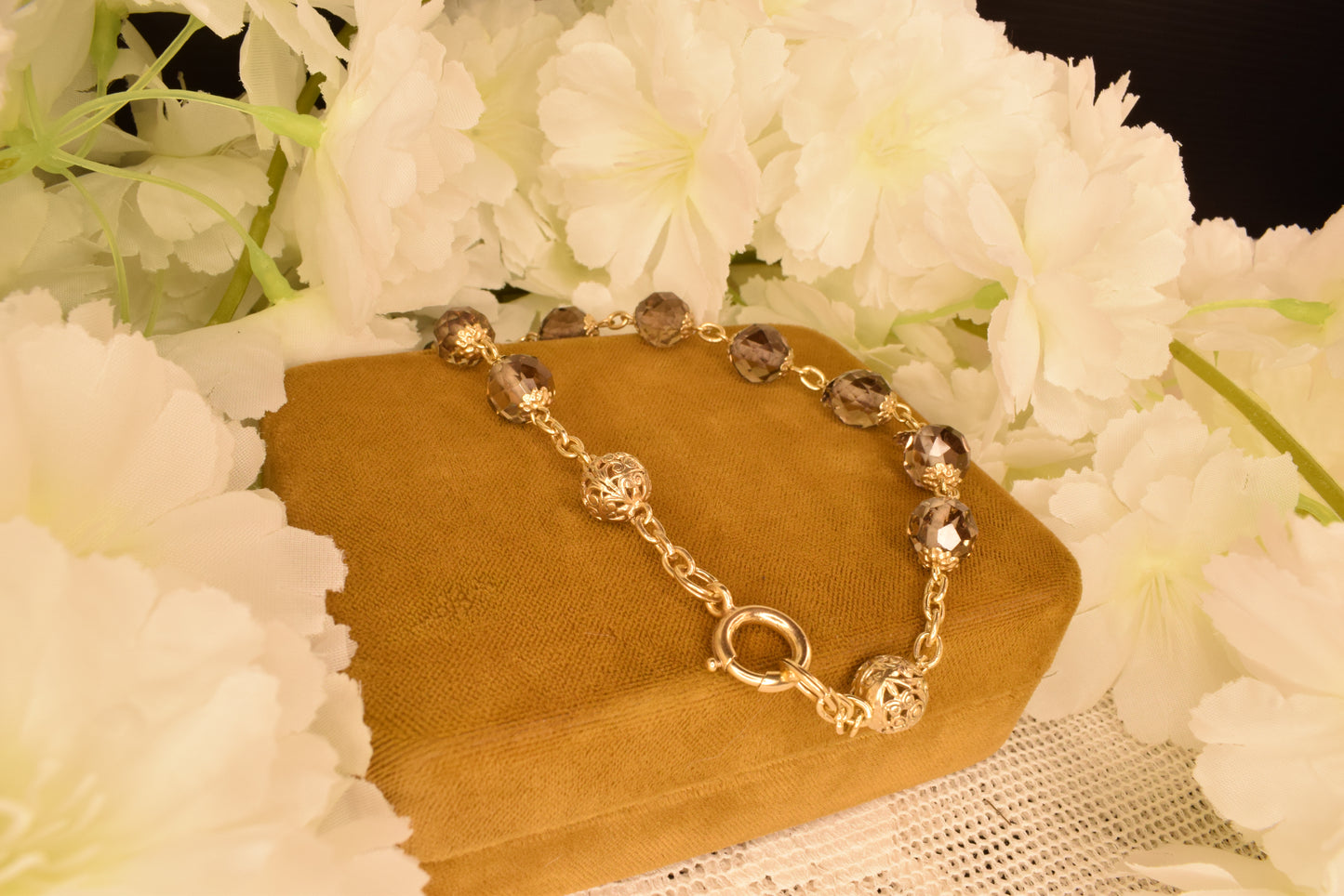 Antique 19th Century Silver Gilt Faceted Crystal Rosary Decade - French Vermeil Devotional Bracelet - Hallmarked Silver
