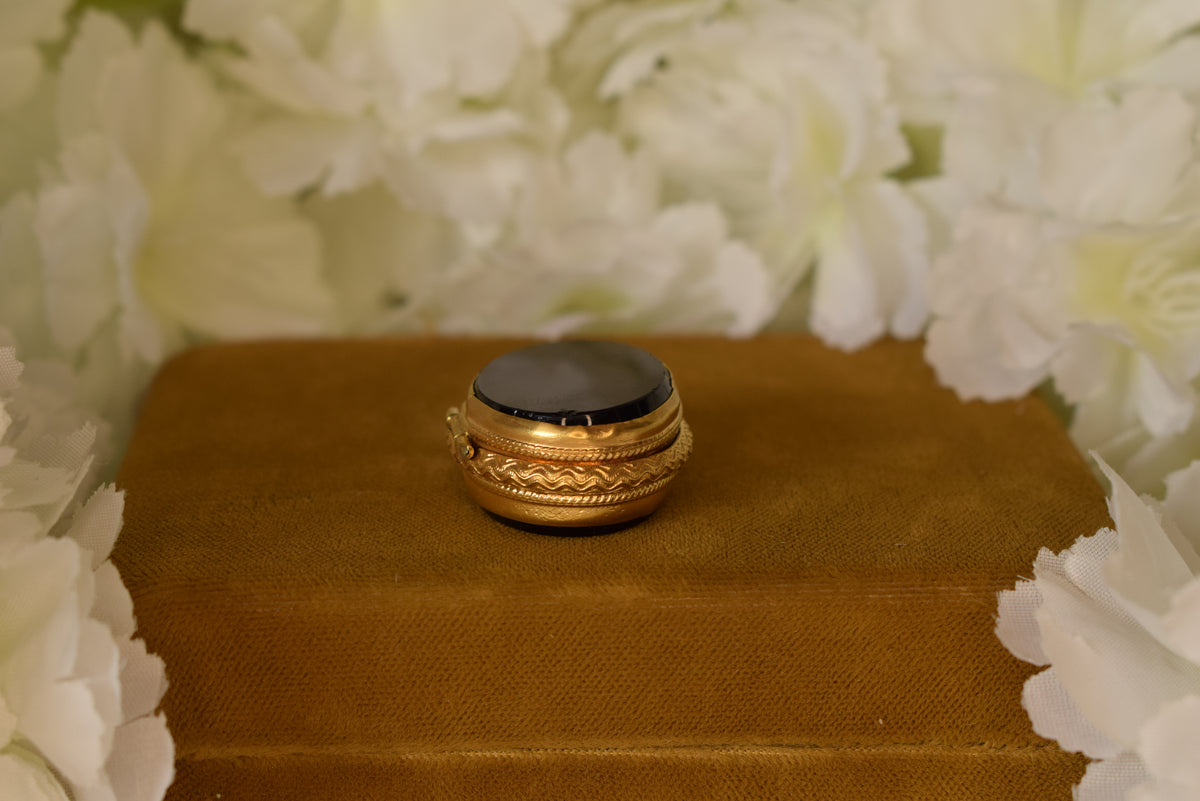 Antique 19th Century Black Onyx Locket – Gilt Brass Oval Photo Locket – Victorian Keepsake Pendant