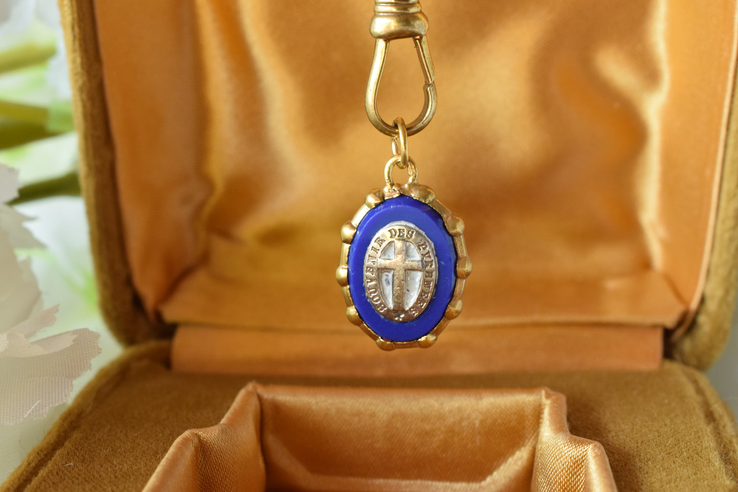 Antique French Silver Vermeil Lourdes Medallion - Blue Glass Silver Cross - 19th Century Religious Pilgrimage Medal