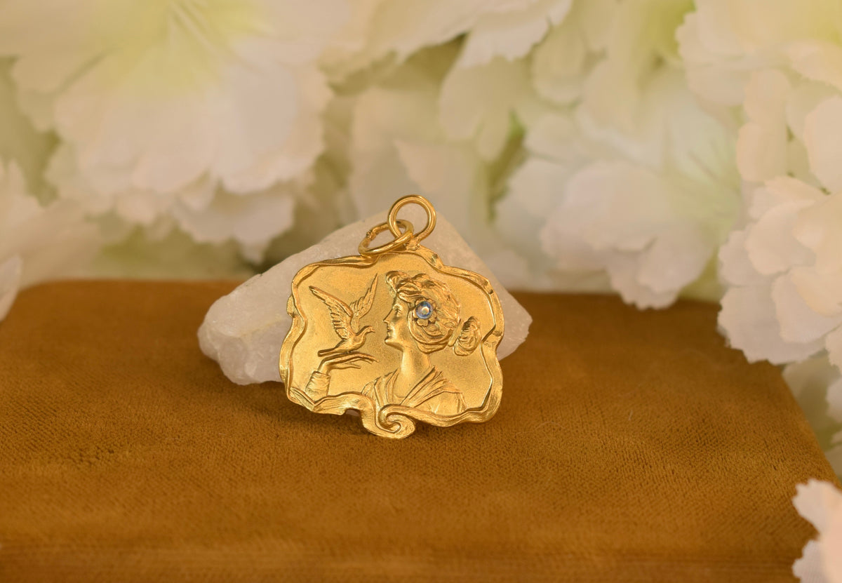 Etsy Title: Antique Art Nouveau Gold Plated Pendant – Lady with Dove – French 1900s Romantic Jewelry – Rhinestone Charm