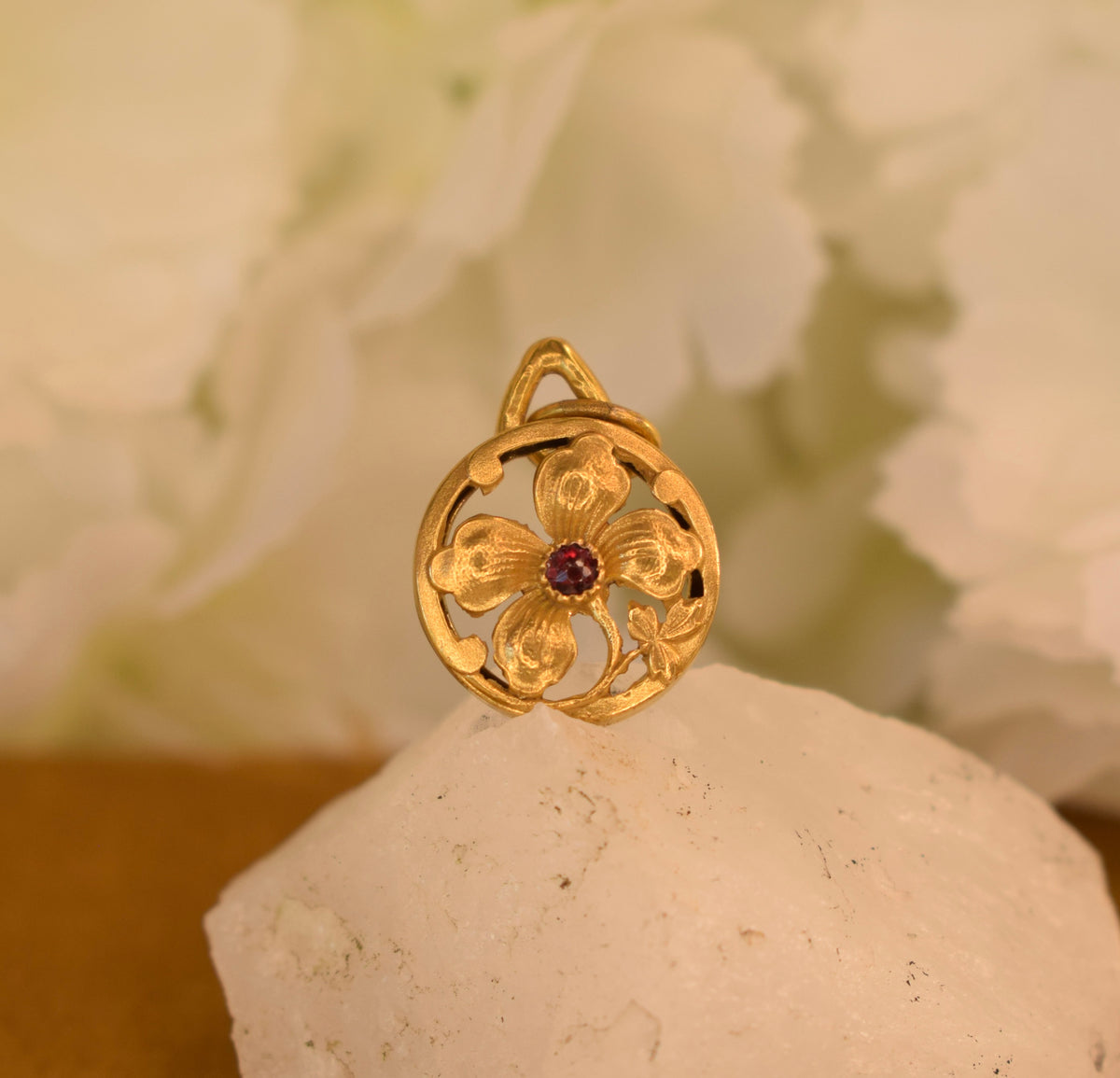 Antique French FIX Four Leaf Clover Pendant, Gold Filled Lucky Charm, Red Stone, Belle Epoque Art Nouveau Jewelry c.1910