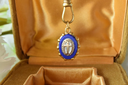 Antique French Silver Vermeil Lourdes Medallion - Blue Glass Silver Cross - 19th Century Religious Pilgrimage Medal