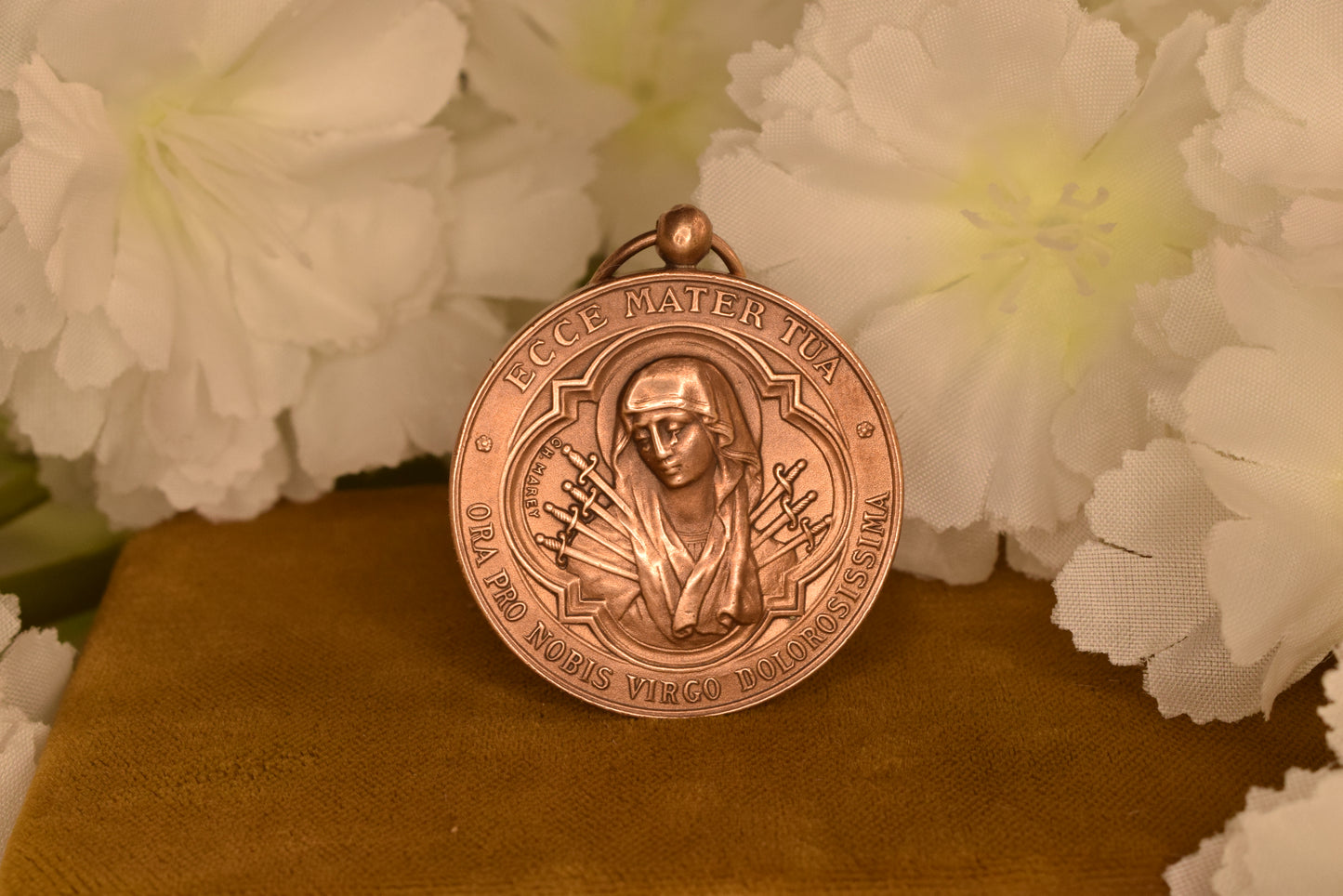 Antique French Bronze Religious Medal - Our Lady of Sorrows - Enfants de Marie Institut Normal - Signed H. Marey