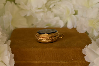 Antique 19th Century Black Onyx Locket – Gilt Brass Oval Photo Locket – Victorian Keepsake Pendant