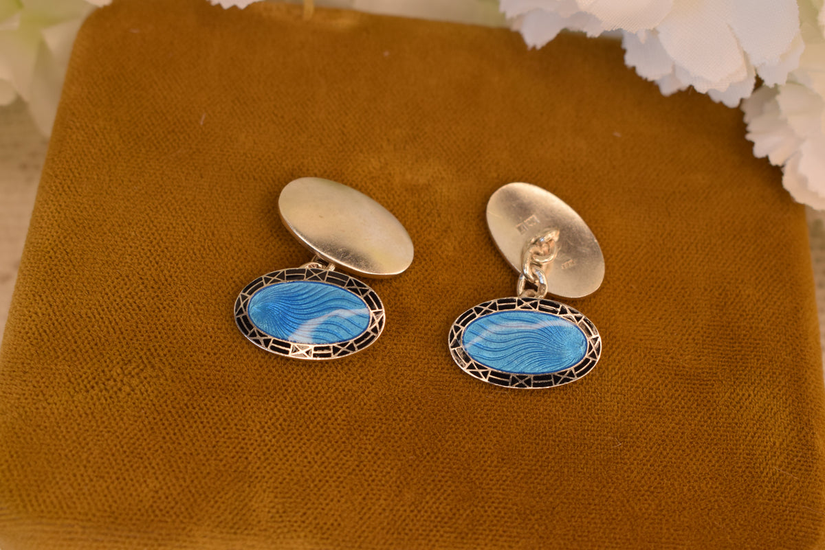 Antique Deakin & Francis Cufflinks, Sterling Silver Blue Guilloché Enamel, Birmingham England, Art Deco Cuff Links