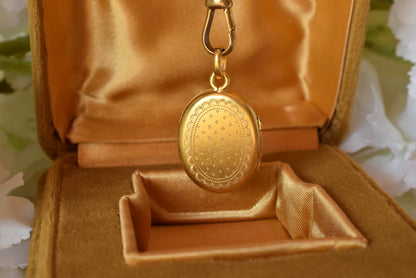 Antique Victorian Oval Locket, 24k Gold Plated, Engraved Cross Pendant, Photo Locket with Removable Glass, 1880s Keepsake