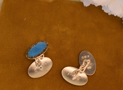 Antique Deakin & Francis Cufflinks, Sterling Silver Blue Guilloché Enamel, Birmingham England, Art Deco Cuff Links