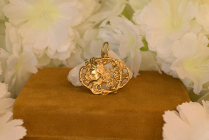 Antique Art Nouveau Pendant – Lady & Flowers – Gold Plated Metal – French Belle Époque c.1900