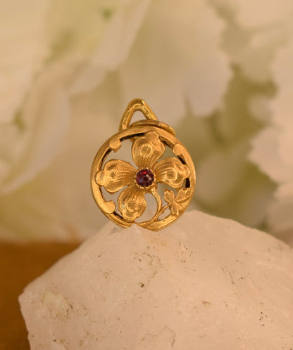 Antique French FIX Four Leaf Clover Pendant, Gold Filled Lucky Charm, Red Stone, Belle Epoque Art Nouveau Jewelry c.1910